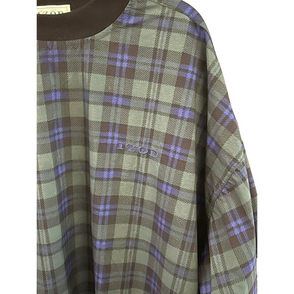 Izod Green Blue Plaid Nylon Pullover Jacket Golf Transitional Weather Crew Neck - Picture 2 of 4